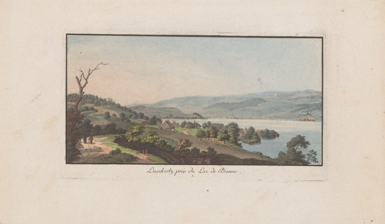 Utsikt over Lüscherz på Bielersee Luschertz, nær Lac de Bienne (tittel på objekt) Landskap i Sveits (serietittel) Samling av noen perspektiver i Sveits (serietittel) av Heinrich Rieter