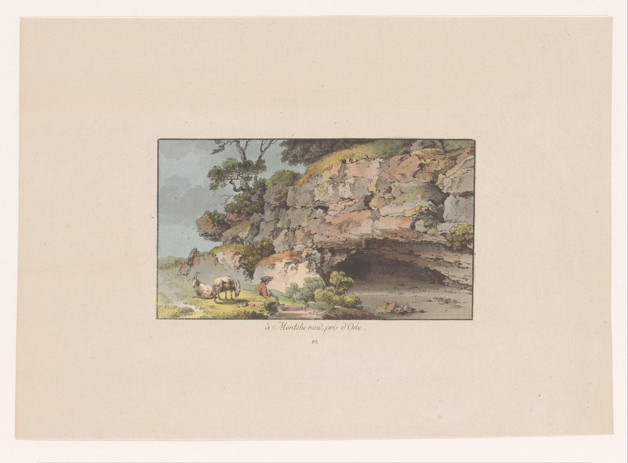 Utsikt over en gjeter med geiter ved siden av en hule ved Montcherand à montcherand, prés d'Orbe (tittel på objekt) Utsikt over Sveits (serietittel) Collection de quelques vues dessinées en Suisse d'après nature (serietittel) av Heinrich Rieter