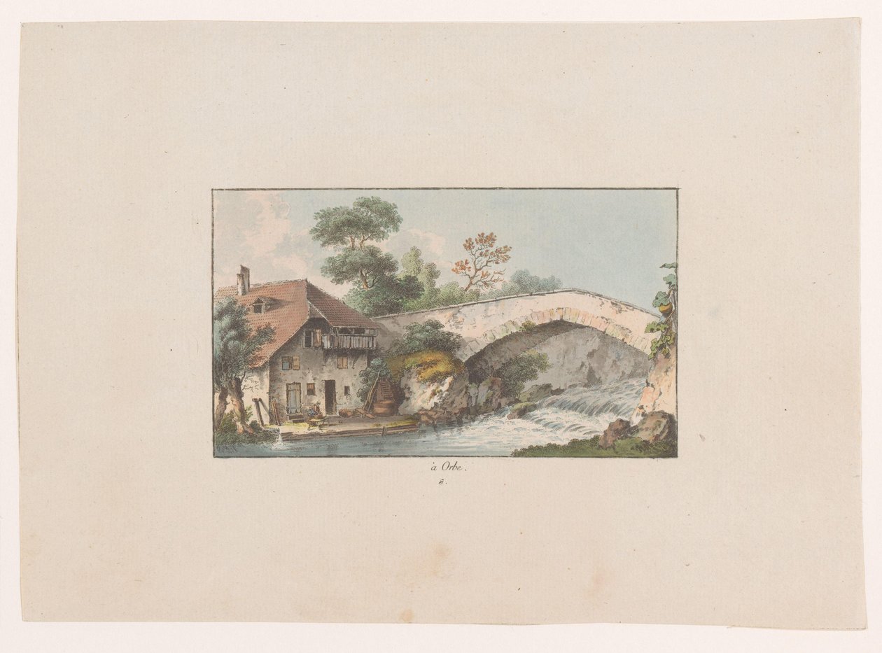 Utsikt over et hus ved en bro i Orbe à Orbe (tittel på objekt) Utsikt over Sveits (serietittel) Collection de quelques vues dessinées en Suisse d