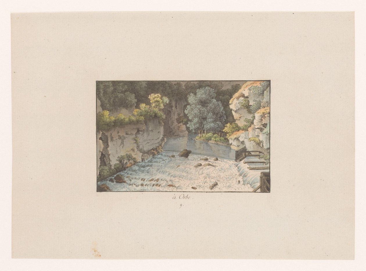 Utsikt over en foss ved Orbe à Orbe (tittel på objekt) Utsikt over Sveits (serietittel) Collection de quelques vues dessinées en Suisse d