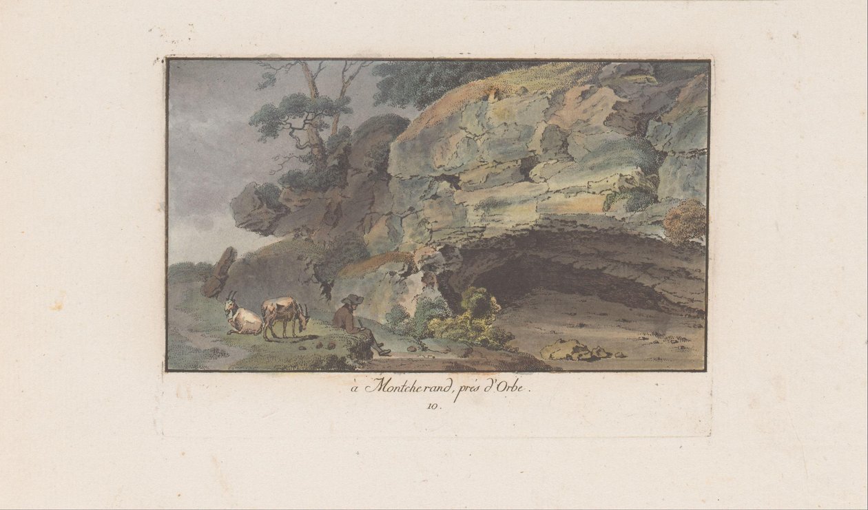 Herder voer ein grot i Montcherand à Montcherand, nær Orbe (tittel på objekt) Landskap i Sveits (serietittel) Samling av noen perspektiver i Sveits (serietittel) av Heinrich Rieter