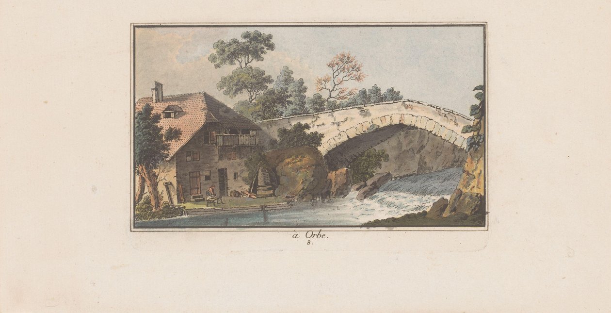 Hus ved siden av en bro over en elv i Orbe à Orbe (tittel på objekt) Landskap i Sveits (serietittel) Sammlung einiger Aussichten in der Schweiz (serietittel) av Heinrich Rieter