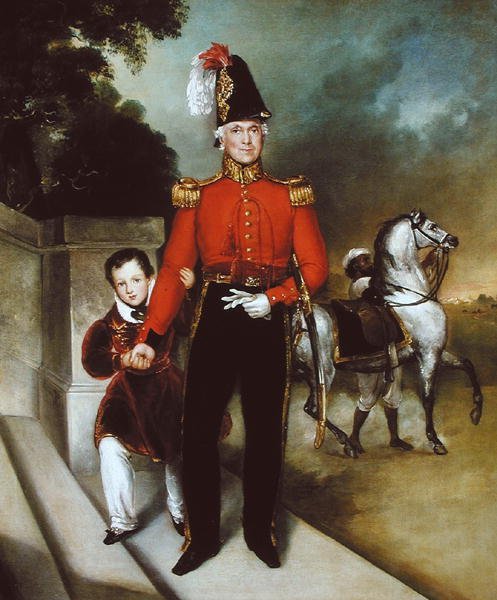 General Sir James Dennis (1778-1855) med sin sønn, en syce som leder bort laderen hans 1843 (olje på lerret) av Heinrich Schaeffer