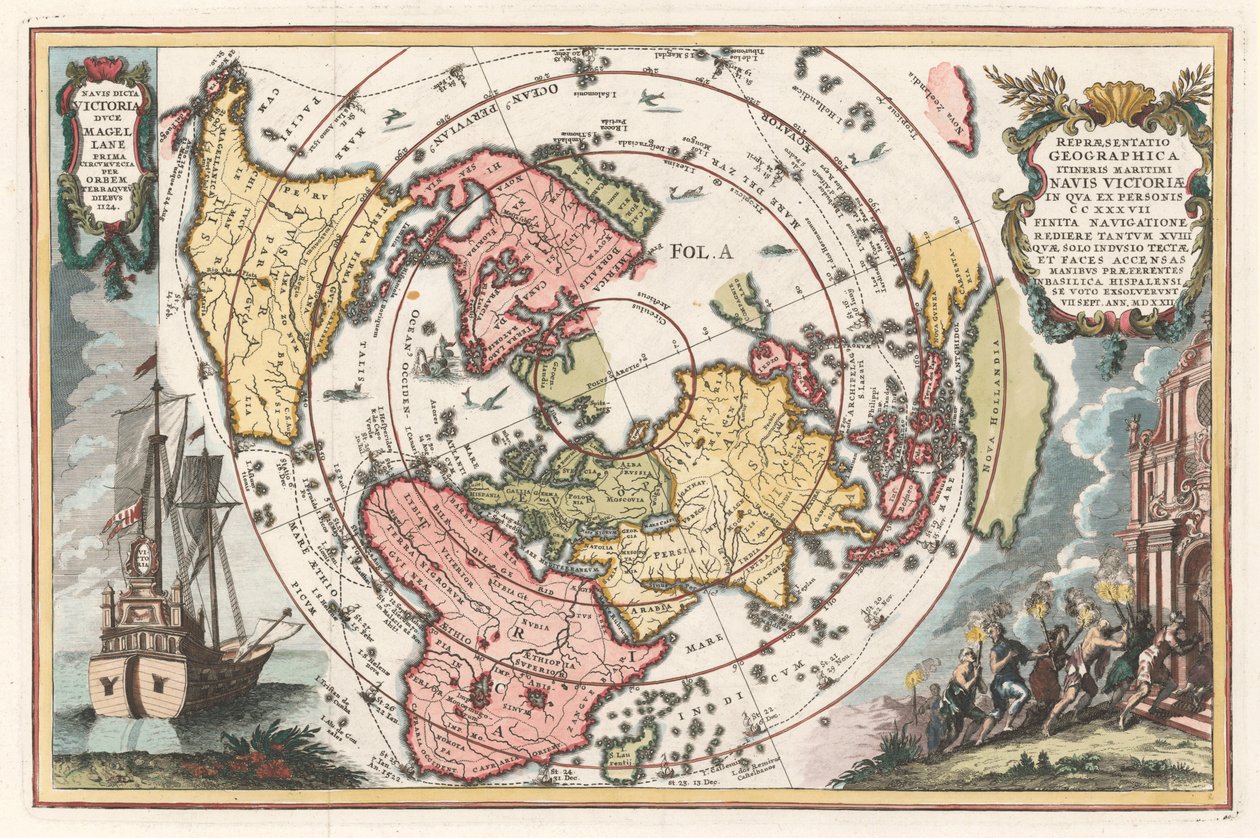 Verdenskart med Magellans jordomseiling Fra Scherers Atlas novus, 1702-1703 av Heinrich Scherer