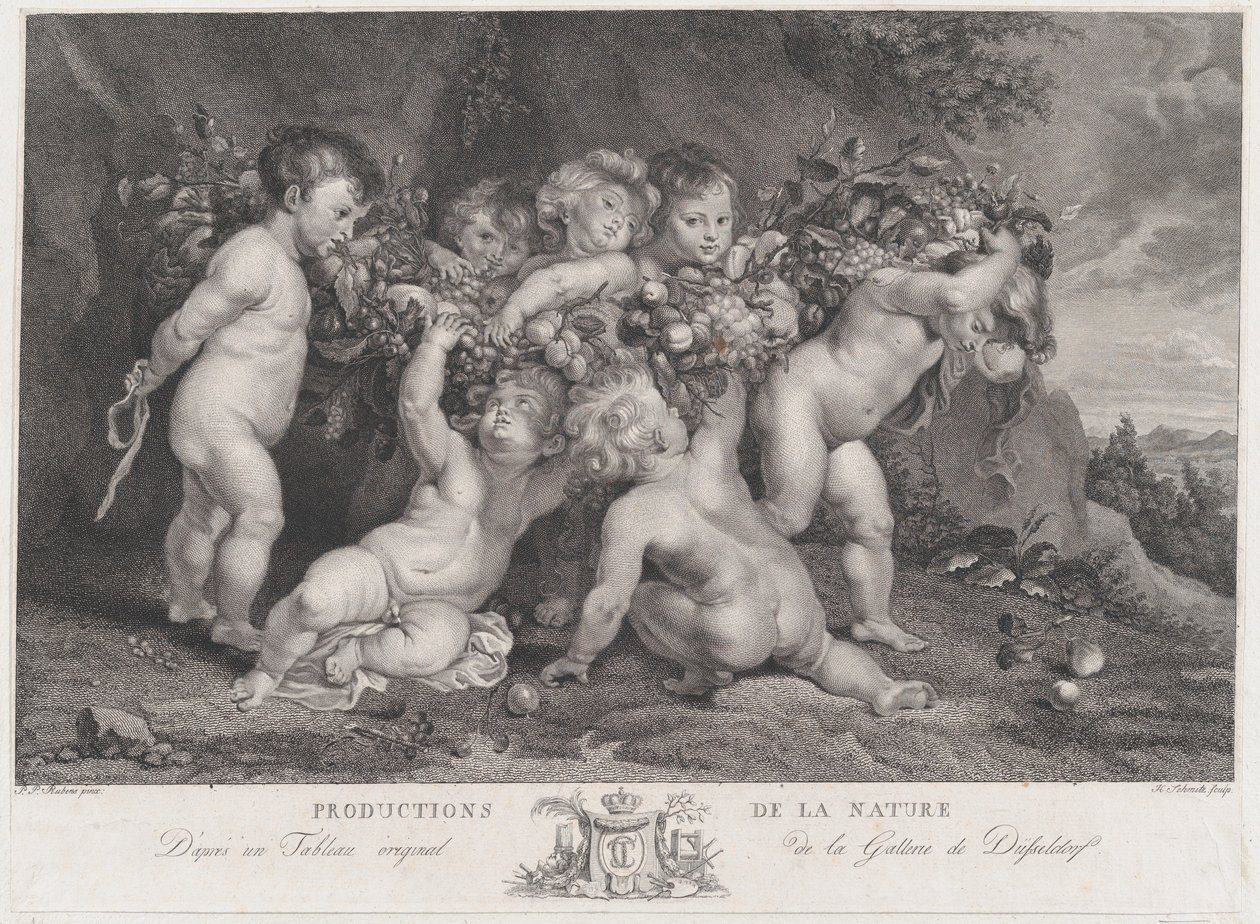 Syv putti som bærer en krans med frukt, ca. 1780-87. av Heinrich Schmitz