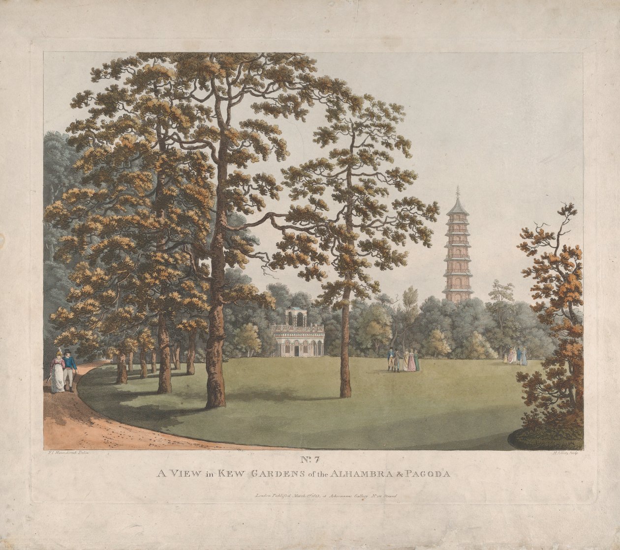 En utsikt i Kew Gardens av Alhambra og pagoden, 1813. av Heinrich Schutz