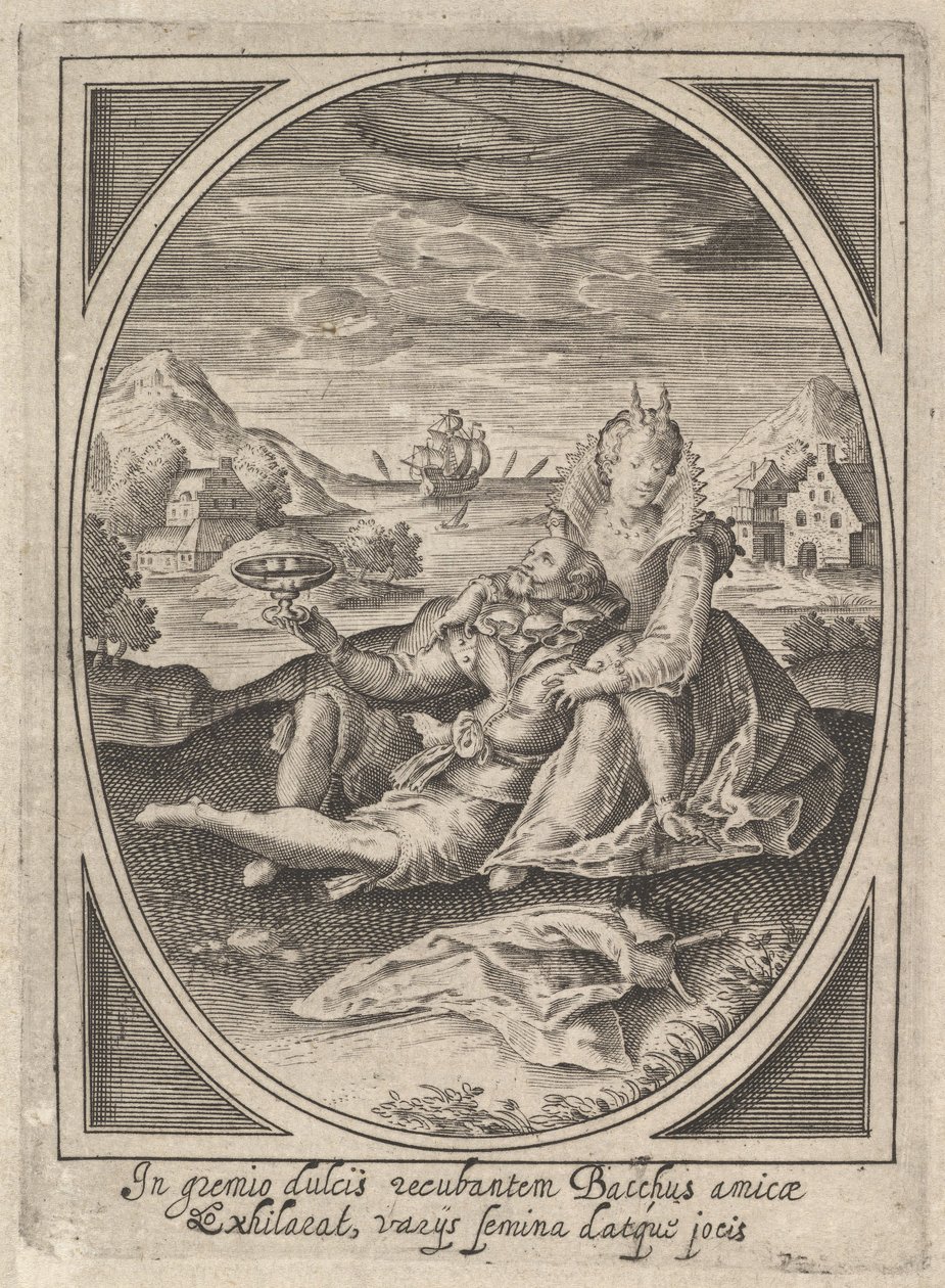 Et par satt på bakken, mannen holder en beger og lener seg tilbake mot..., ca. 1585-1621. av Heinrich Ulrich