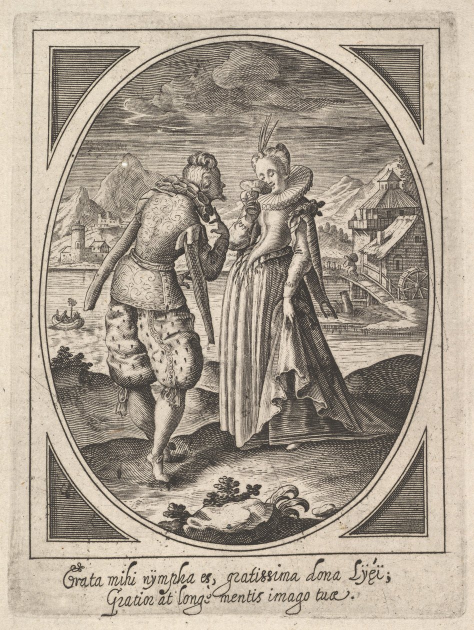 En mann går mot en kvinne som holder en beger mot munnen, en vannmølle og fjell..., ca. 1585-1621. av Heinrich Ulrich