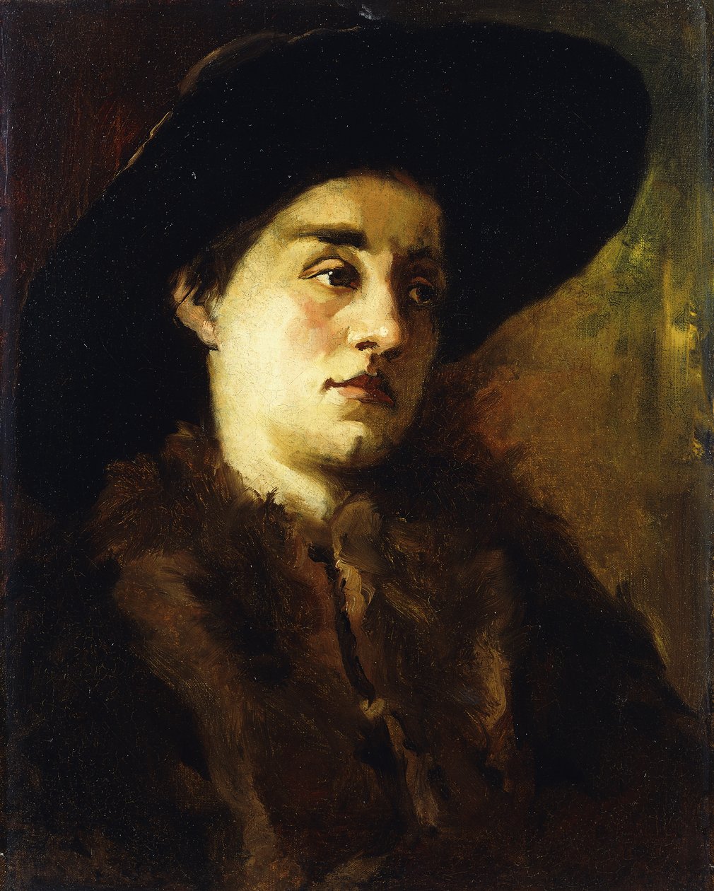 Portrett av en dame, iført en pelsfrakk og svart hatt, av Heinrich Wilhelm Truebner