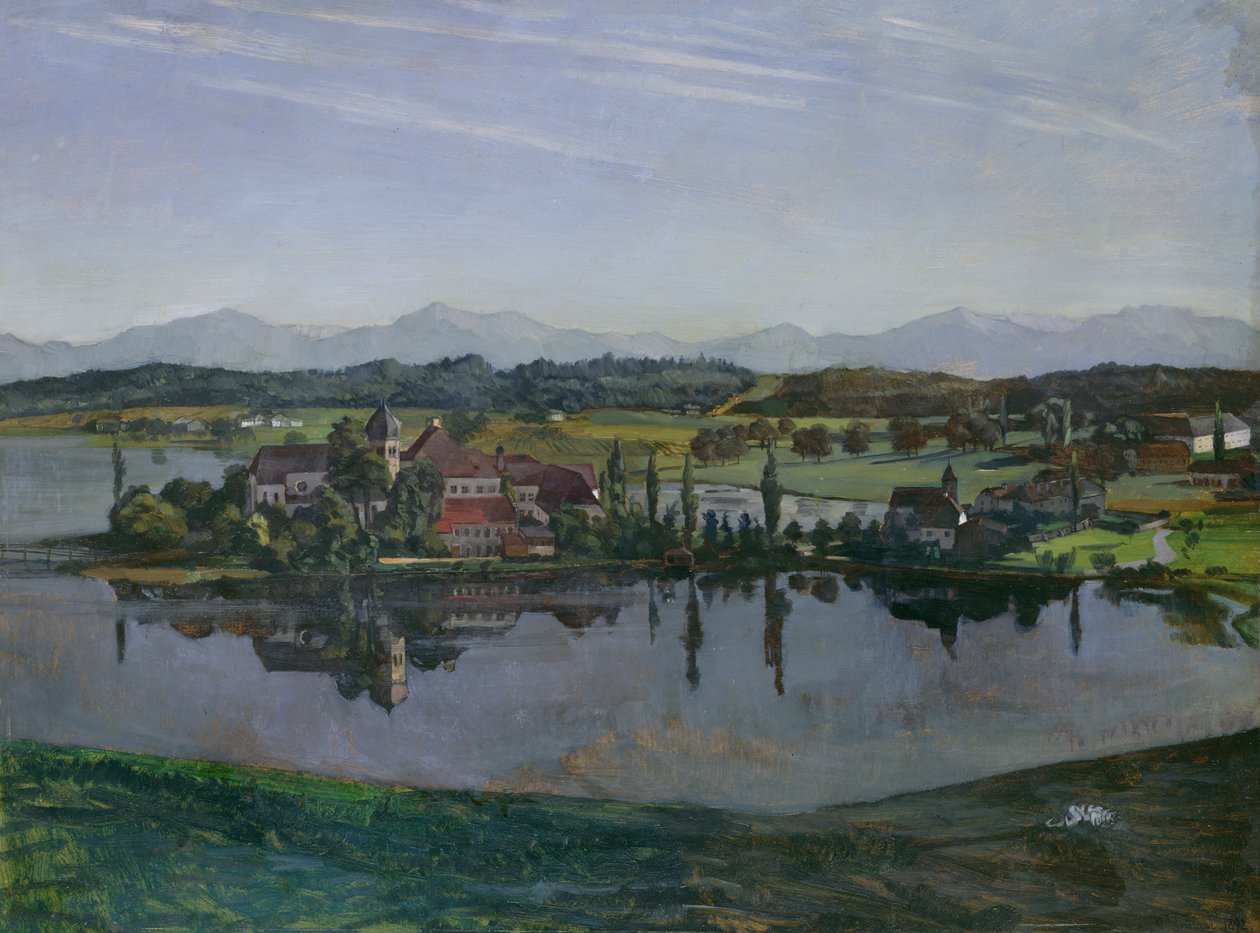 Seeon-klosteret i Oberbayern, 1892 (olje på papir montert på kort) av Heinrich Wilhelm Truebner