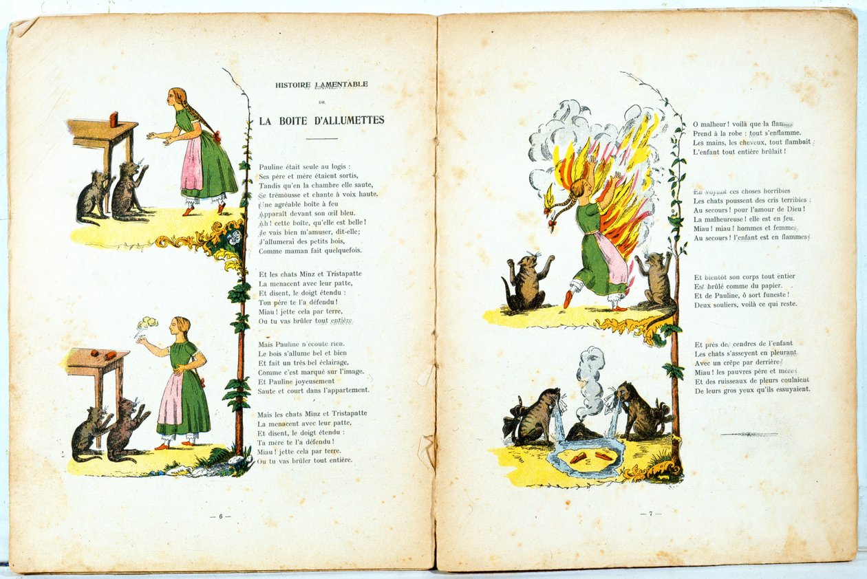 Lamentable History of the Matchbox, illustrasjon fra den franske oversettelsen av Hoffmanns Struwwelpeter laget av Trim (Louis Gustave Ratisbonne, 1827-1900), ca. 1850 av Heinrich Hoffmann
