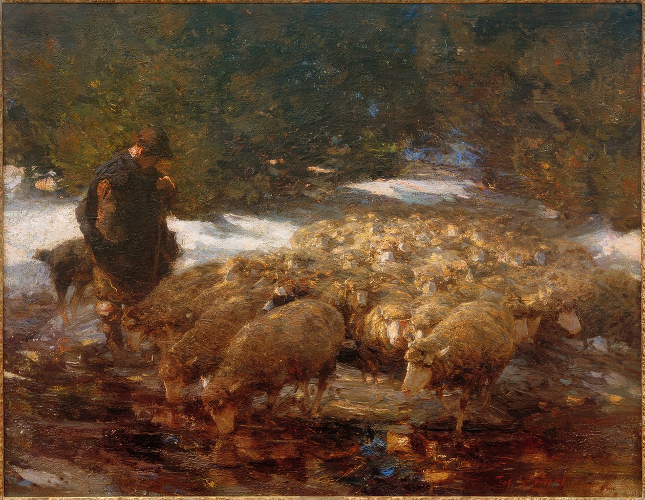 Hyrde med sauer i landskapet av Heinrich von Zügel