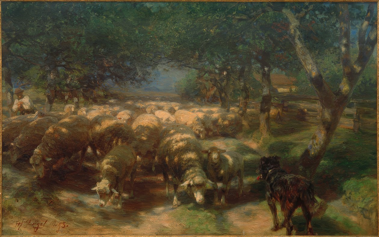 Saueflokk med hund av Heinrich von Zügel