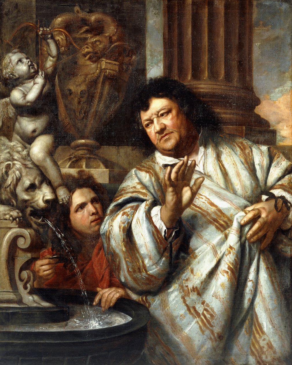 Portrett av admiral Cornelius Tromp og en betjent ved siden av en fontene av Heironymous Van Orley