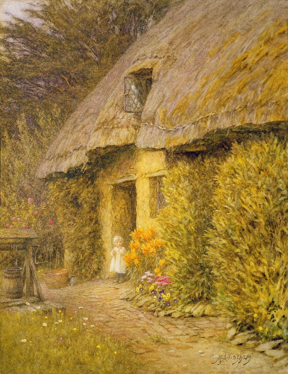 Et barn ved døråpningen til en hytte med halmtak av Helen Allingham
