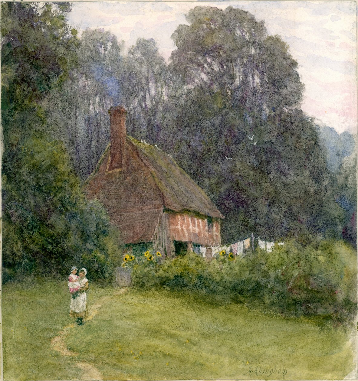 Hytte med figurer (bc og wc på papir) av Helen Allingham