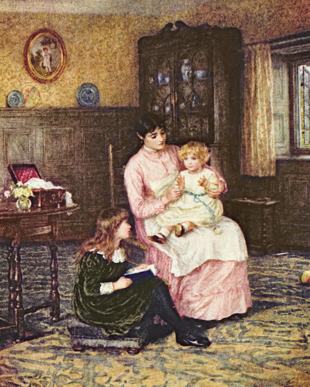 Mor leker med barn i et interiør av Helen Allingham