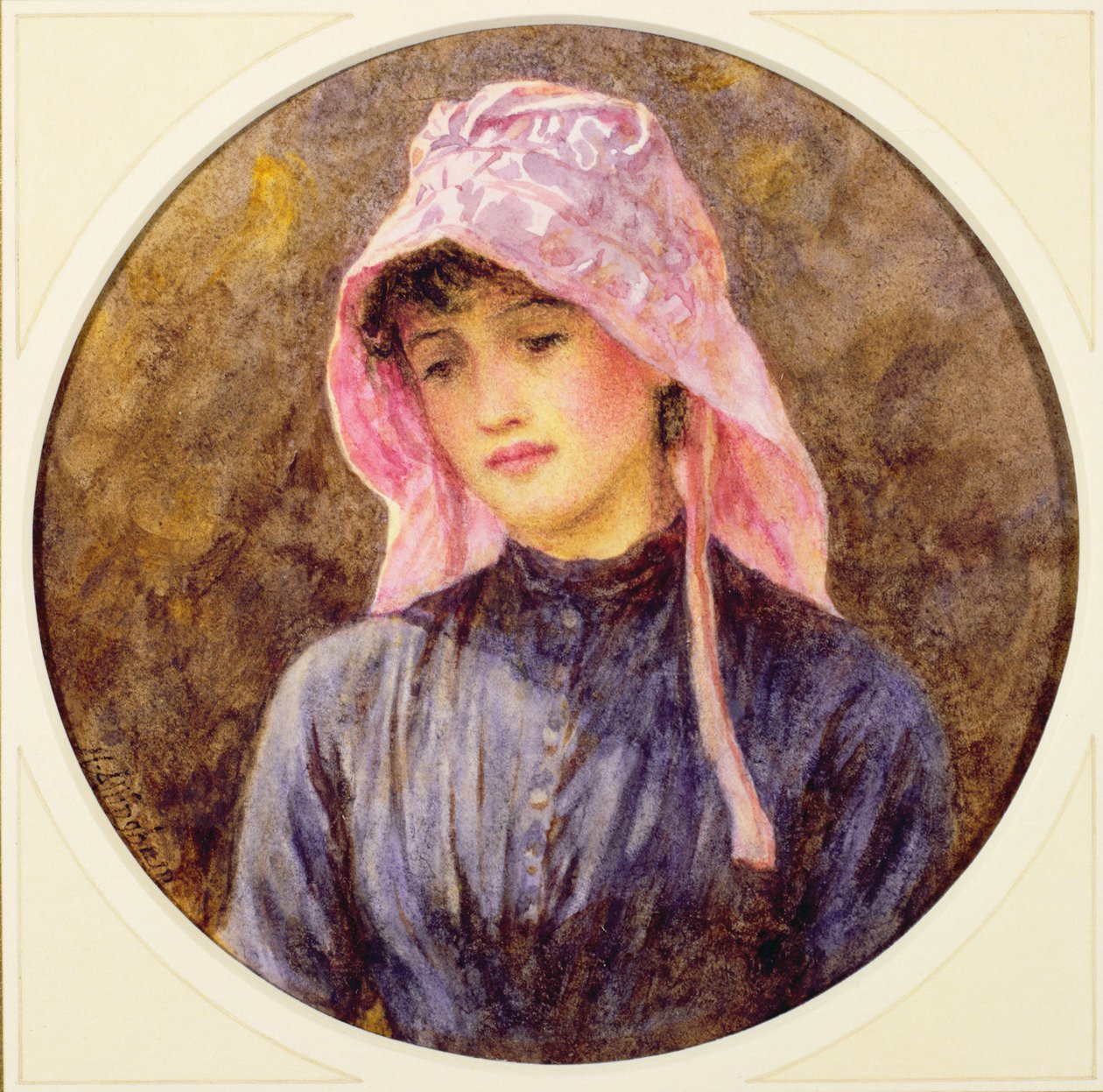 Portrett av en jente i en rosa panser av Helen Allingham