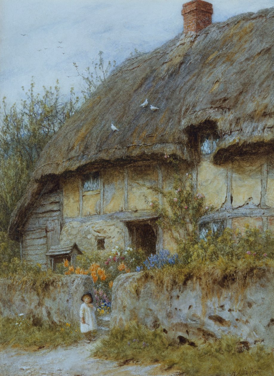 En Berkshire Cottage (akvarell med utskraping) av Helen Allingham