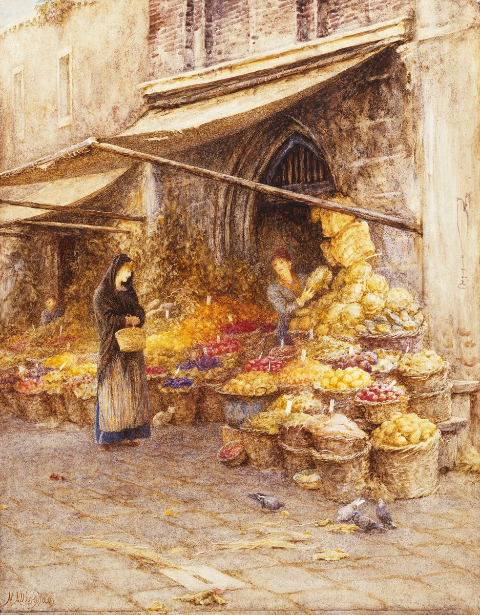 En fruktbod ved bunnen av Campanile, San Giovanni Elemosinario, nær rialto, Venezia, av Helen Allingham