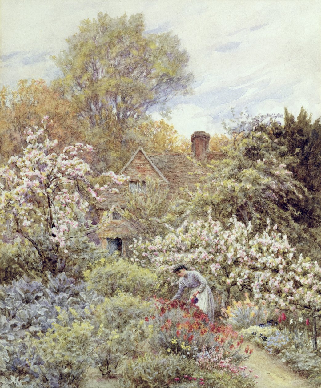 En hage om våren (akvarell på papir) av Helen Allingham