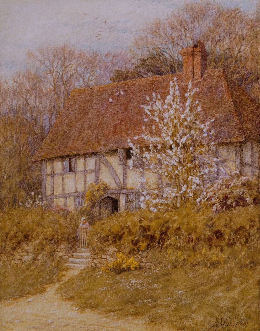 A Surrey Cottage (akvarell på papir) av Helen Allingham