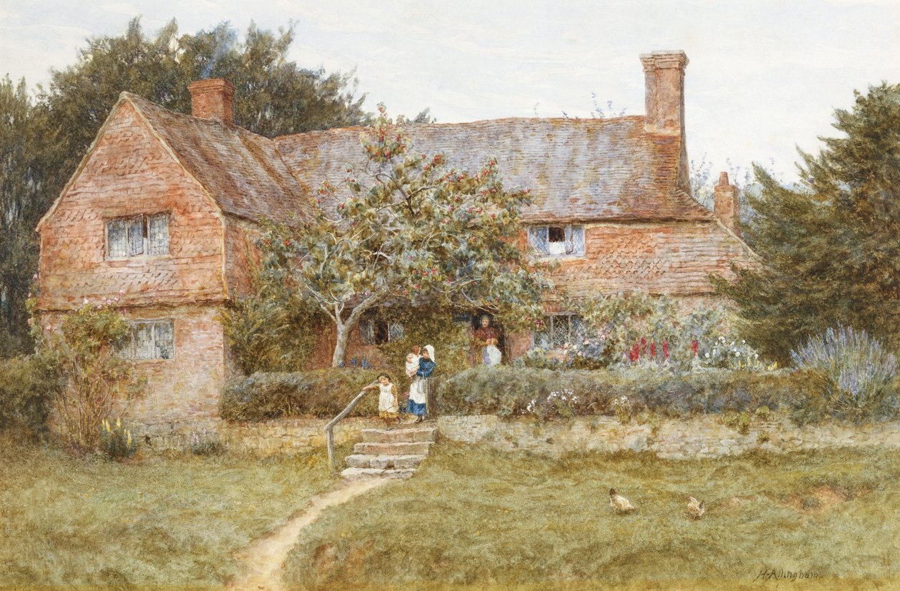 En Surrey-hytte med en mor og hennes barn av Helen Allingham