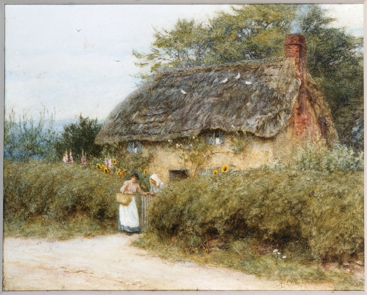 En hytte med stråtak nær Peaslake, Surrey (akvarell) av Helen Allingham