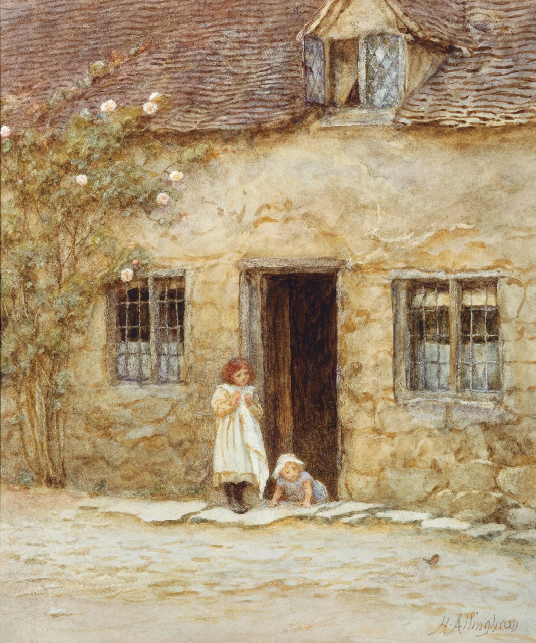 At the Cottage Door (akvarell med utskraping) av Helen Allingham