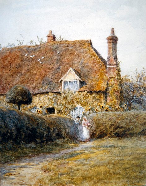 Ved en hytteport (akvarell på papir) av Helen Allingham