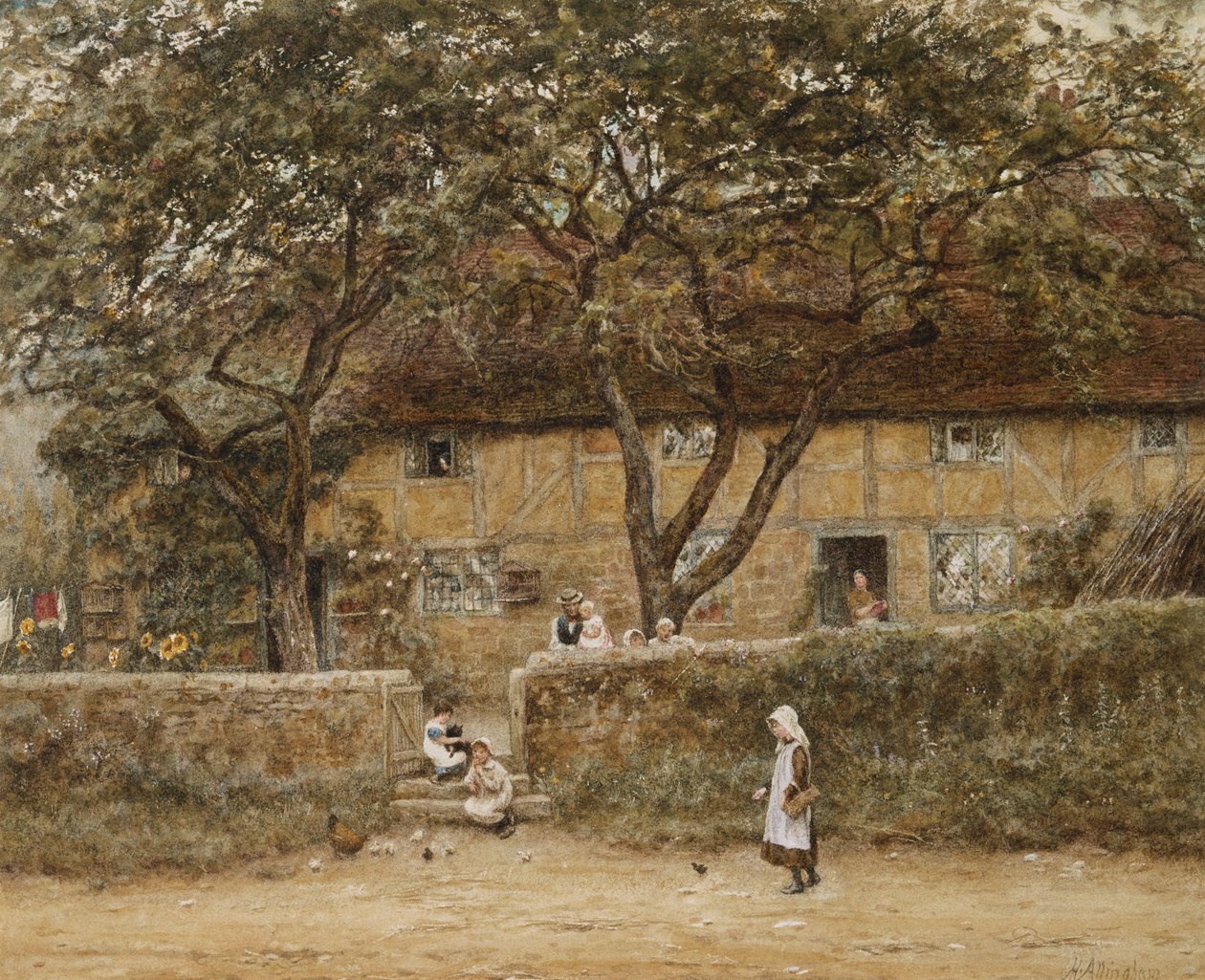 Barn utenfor en hytte av Helen Allingham