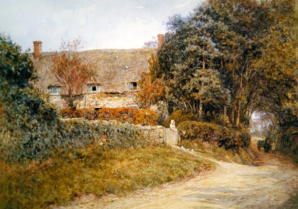 Feeding the Doves (akvarell på papir) av Helen Allingham