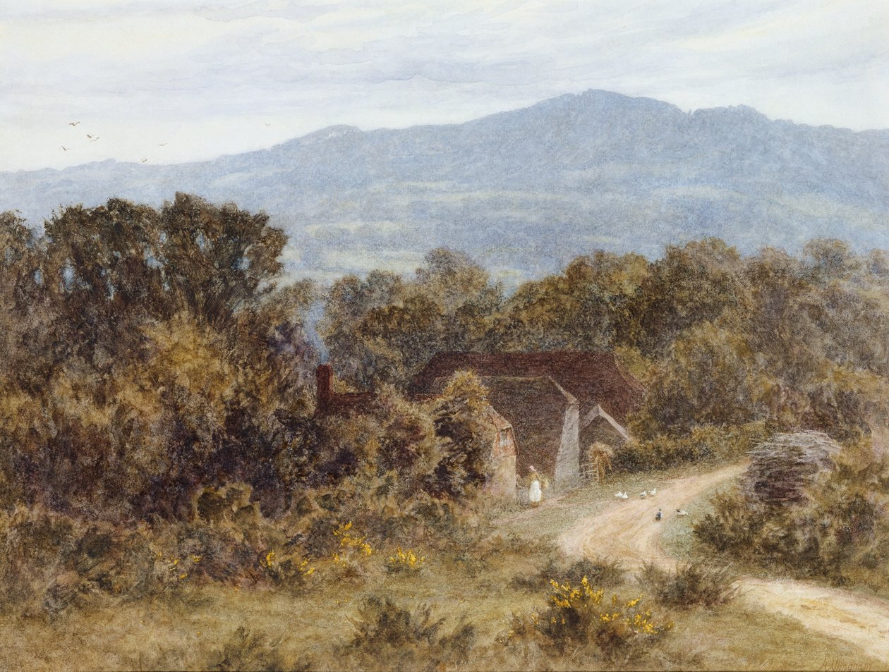Bakhodet fra Sandhills, Witley (akvarell på papir) av Helen Allingham