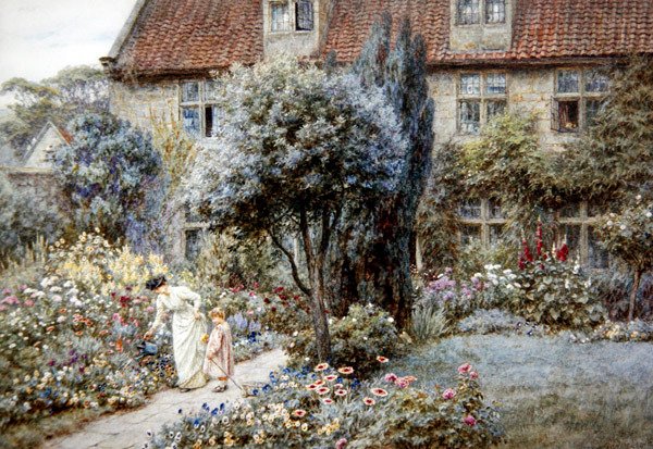 Manor Farm Garden, Yorkshire, ca. 1901 (akvarell på papir) av Helen Allingham