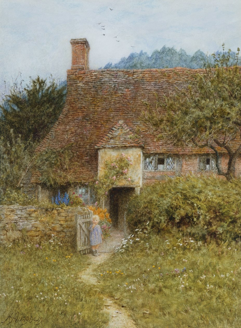 Old Cottage, Witley (akvarell med utskraping) av Helen Allingham
