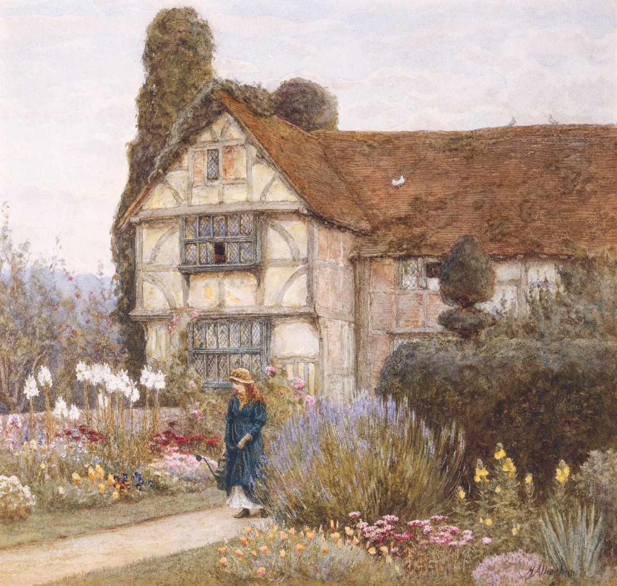 Old Manor House (akvarell med utskraping) av Helen Allingham