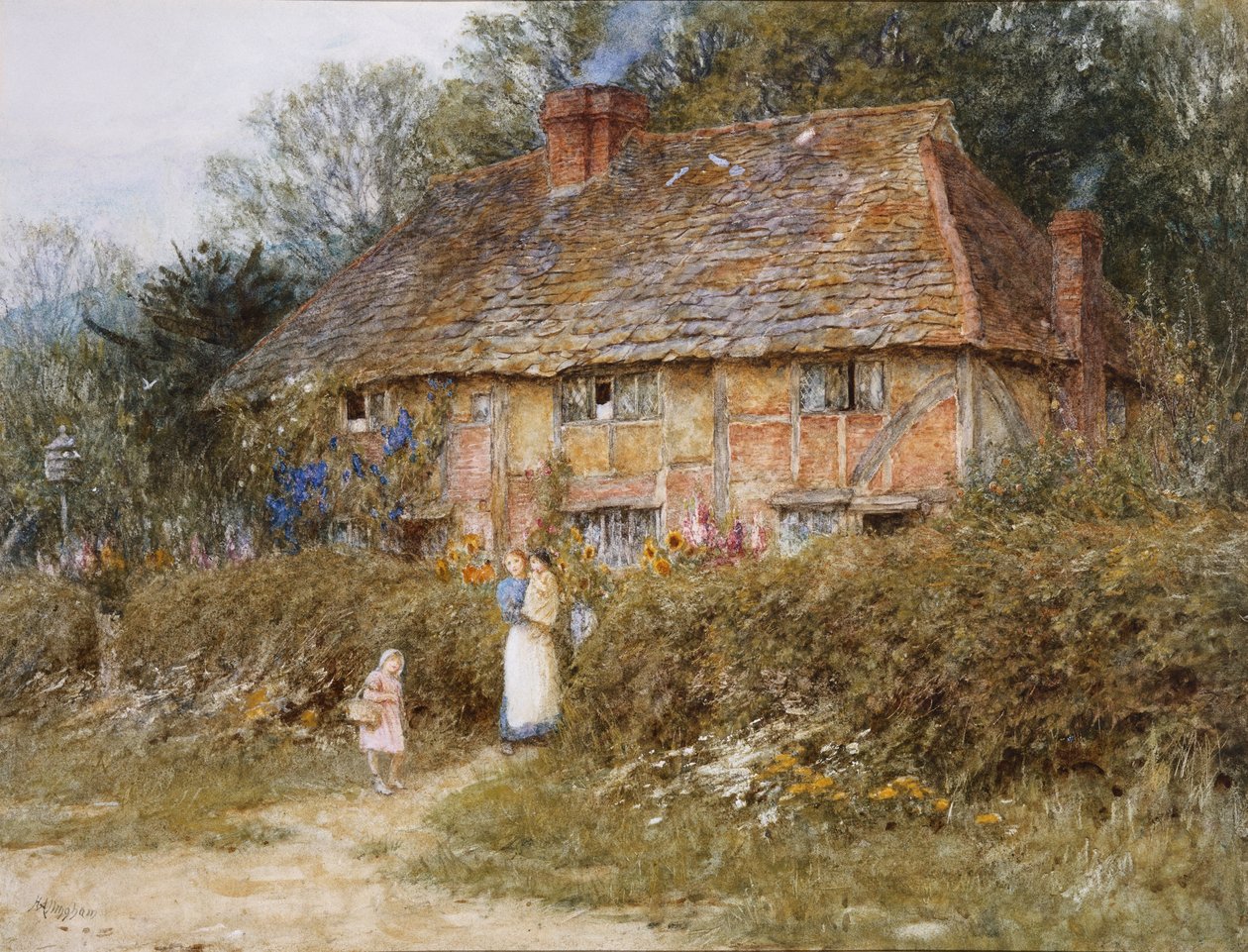 Old Surrey Cottage (akvarell med utskraping) av Helen Allingham