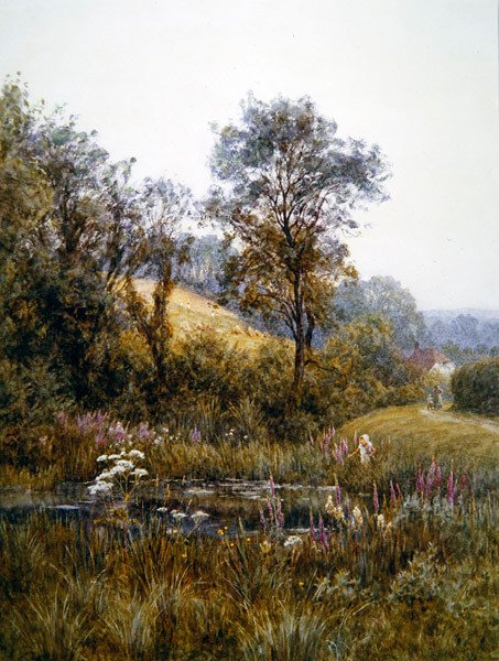 Plukke blomster ved dammen (akvarell og skrape ut på papir) av Helen Allingham