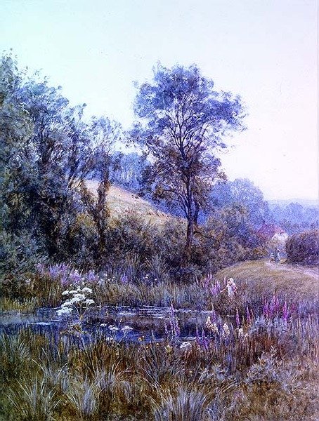 Plukker blomster ved dammen av Helen Allingham