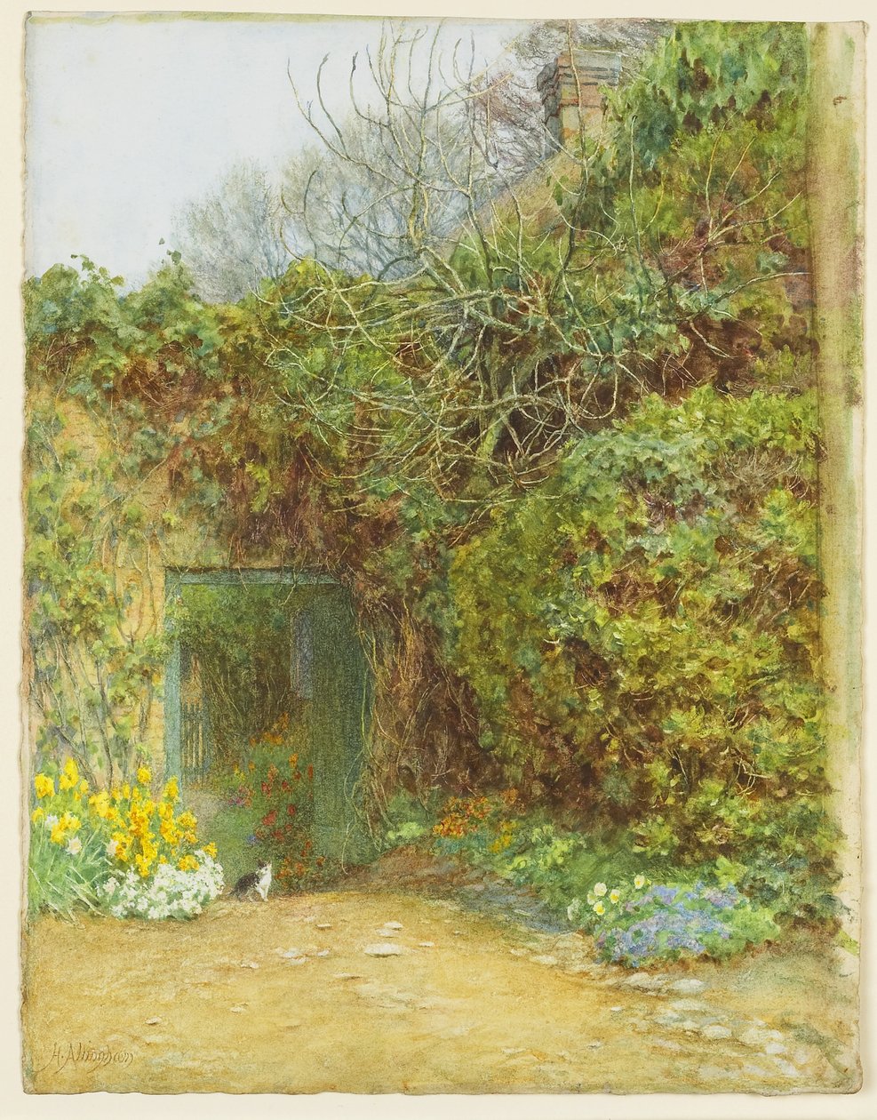 The Dairy Door, Farringford, Lord Tennysons Home, ca. 1890 (wc, gummi arabicum og skraping ut på vevd papir) av Helen Allingham