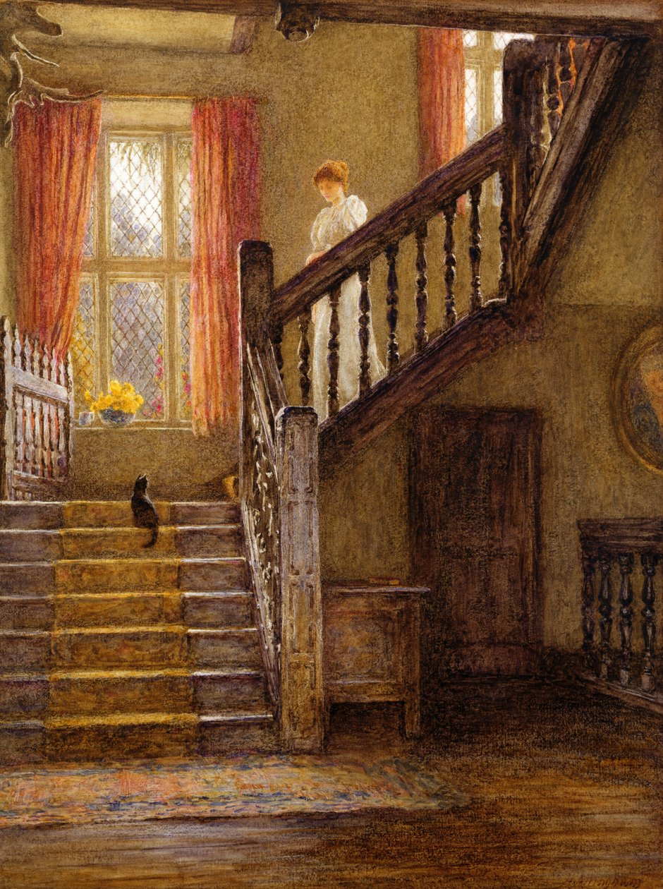 The Staircase, Whittington Court, Gloucestershire (wc på papir) av Helen Allingham