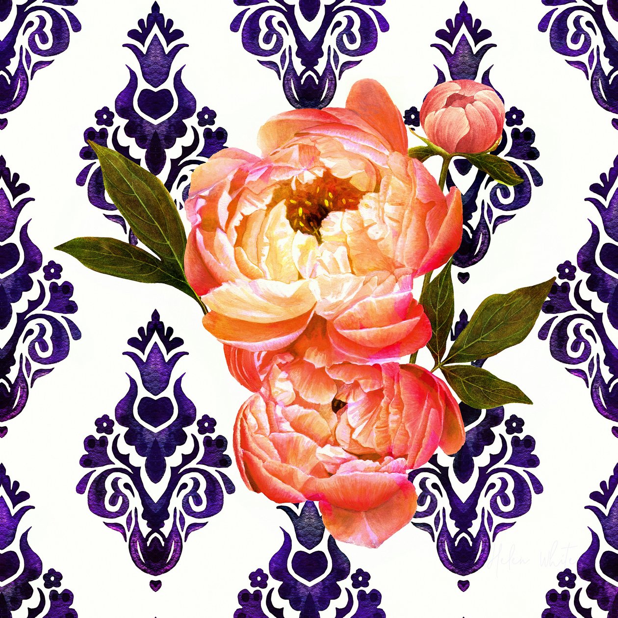 Peony on Delft, 2021 (akvarell) av Helen White
