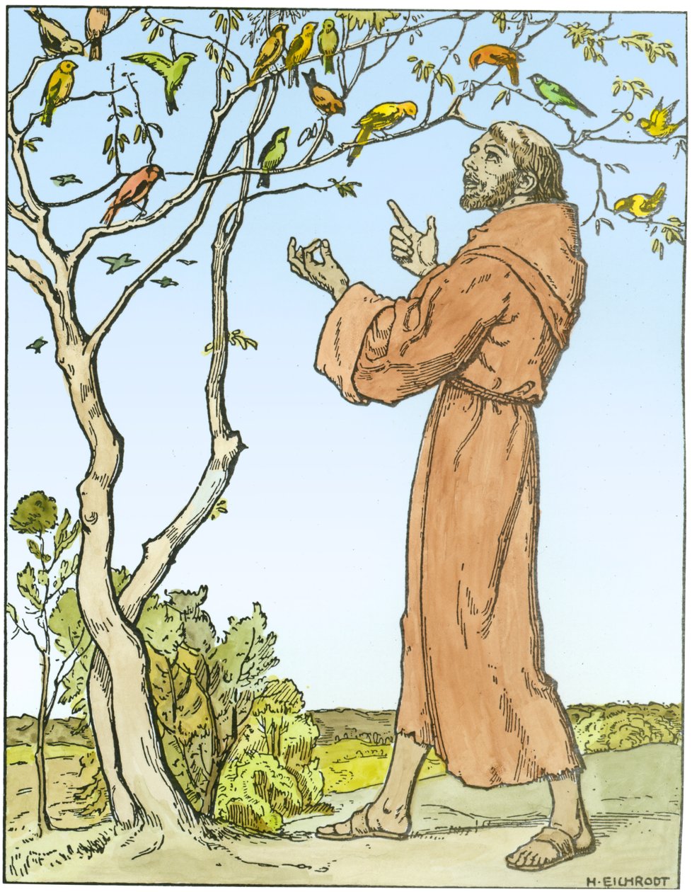 St. Frans av Assisi (ca. 1181-1226) forkynner for fuglene (senere fargelegging) av Hellmut Eichrodt