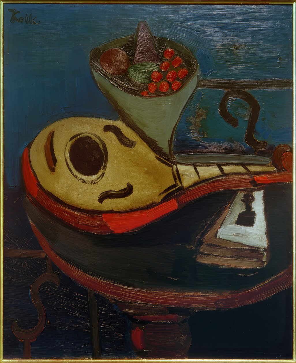 Stilleben: mandolin og bolle med frukt på et bord av Helmut Kolle