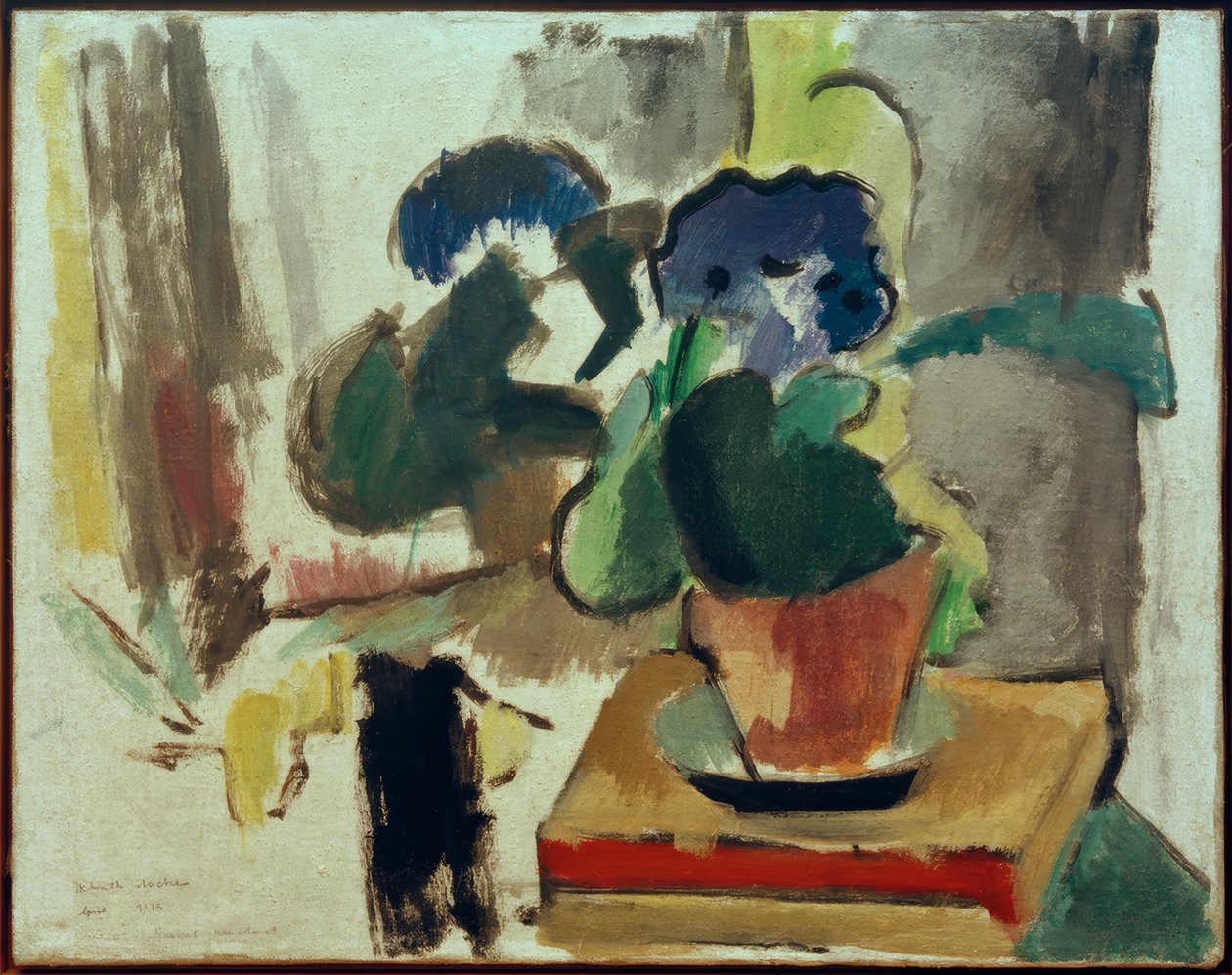 Stilleben med tinn-aria og bok av Helmuth Macke