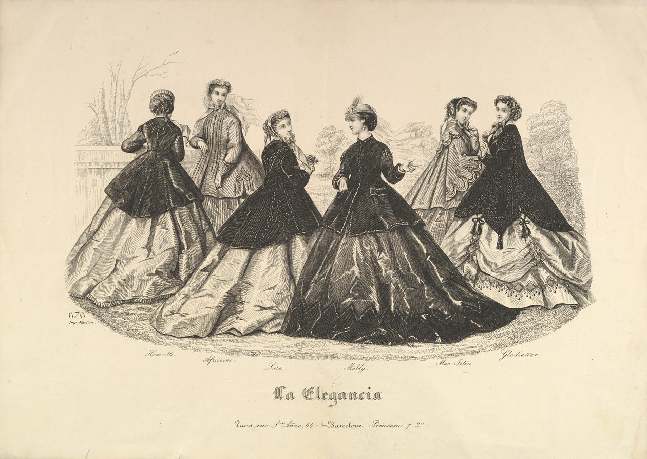 Seks kvinner utendørs, nr. 676, fra La Elegancia, 1865-66. av Heloise Leloir
