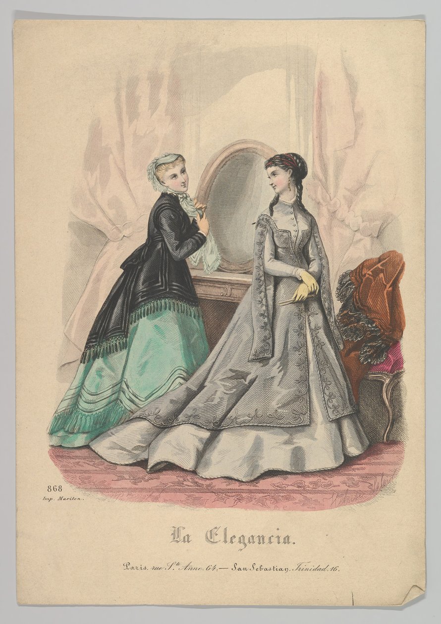 To kvinner med et speil, nr. 868, fra La Elegancia San Sebastian, 1800-tallet. av Heloise Leloir