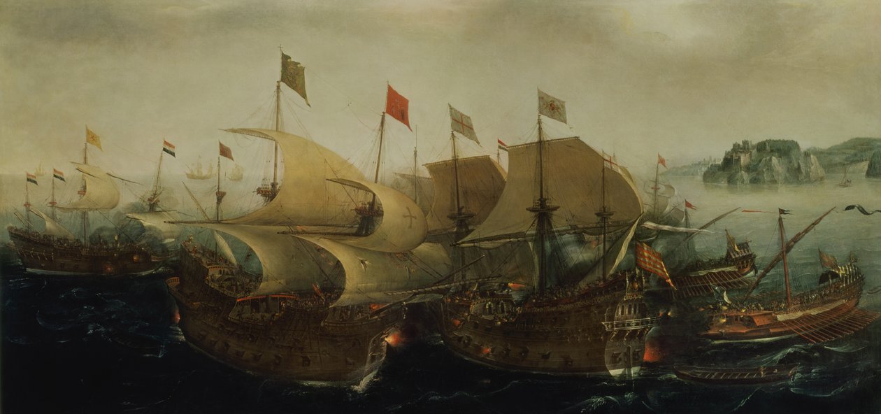 En sjøaksjon, muligens slaget ved Cadiz, 1596 av Hendrick Cornelisz. Vroom
