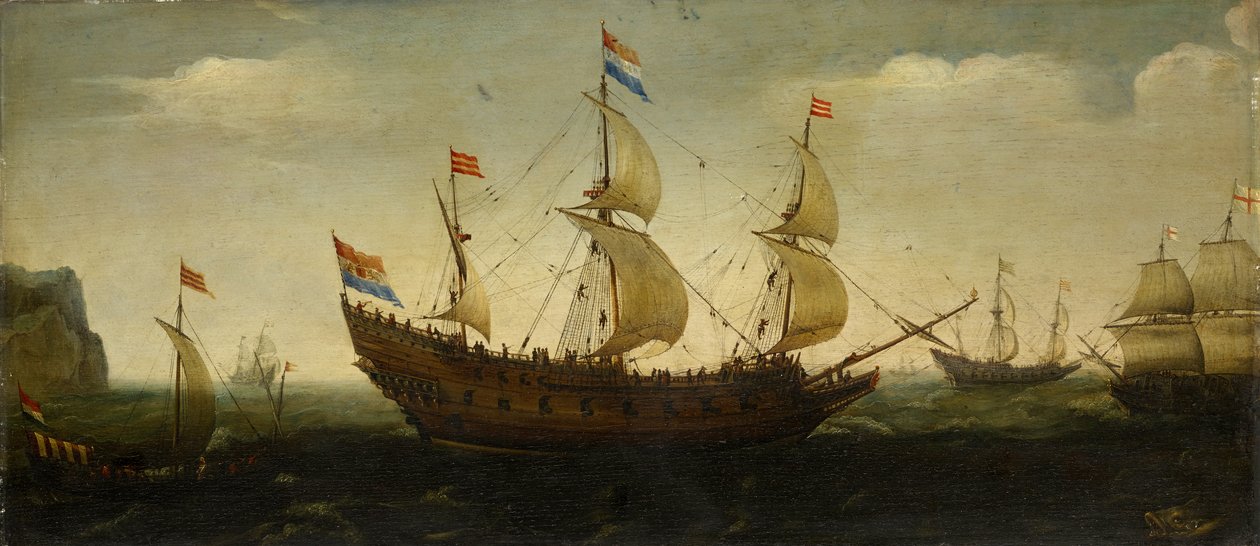 Nederlandsk tre-mastet og andre skip offshore av Hendrick Cornelisz. Vroom