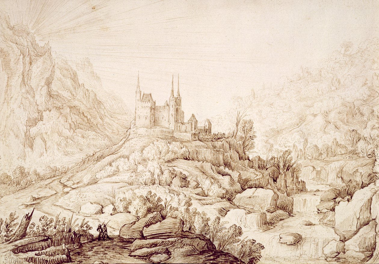 Fjelllandskap med et slott, ca. 1589 av Hendrick Cornelisz. Vroom
